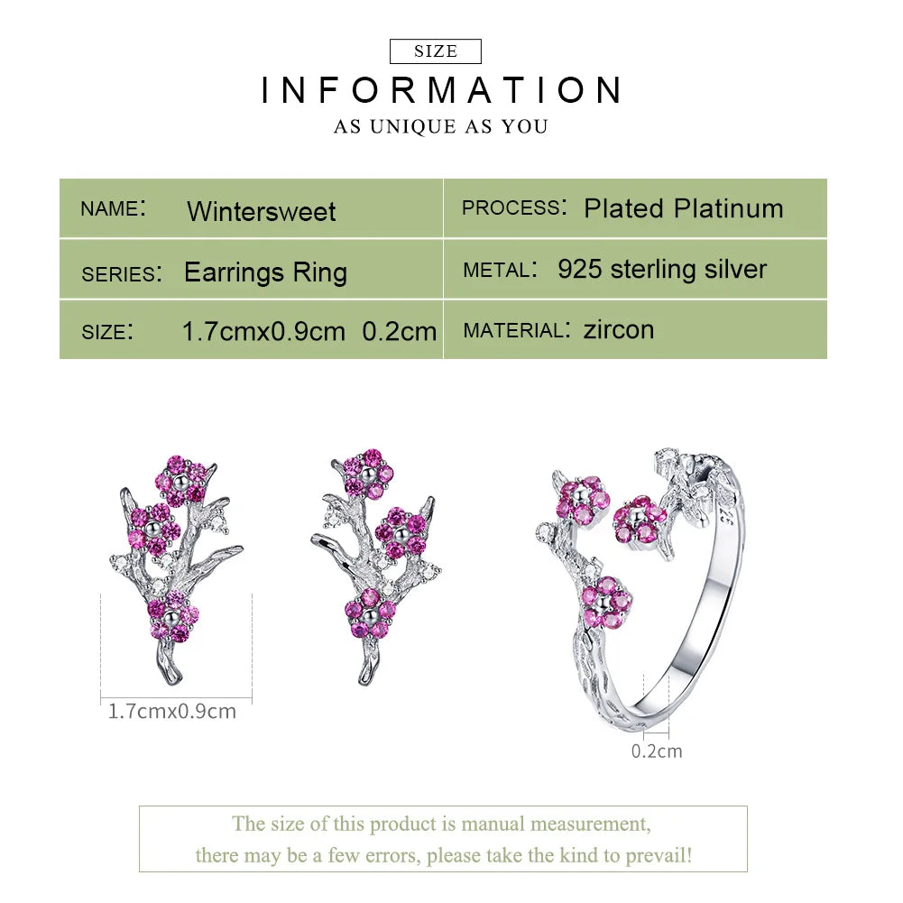 JEW011AX 925 Sterling Silver Blooming Wintersweet Plum Flower Rings Earrings Women Jewelry Sets Zircon - Klixstore