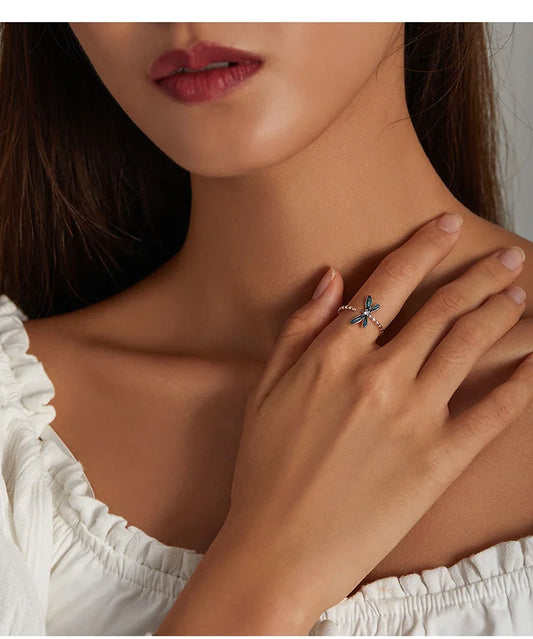 JEW001AX Vintage 925 Sterling Silver Dainty Dragonfly Stud Earrings & Dragonfly Open Size Ring for Women - Klixstore