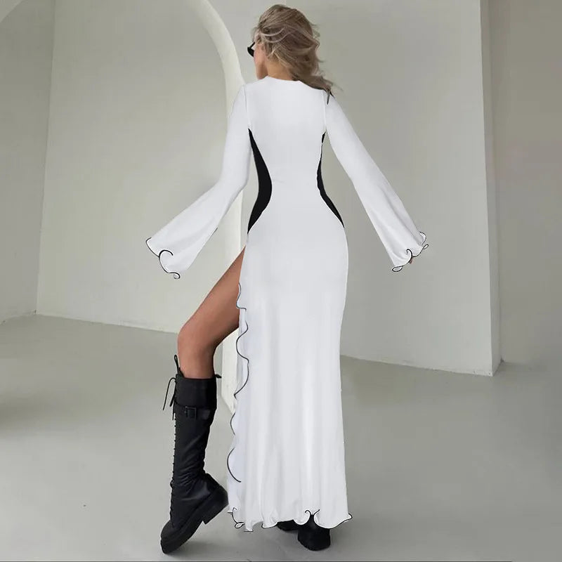Elegant Black White Patchwork Long Sleeve Split Maxi Dress