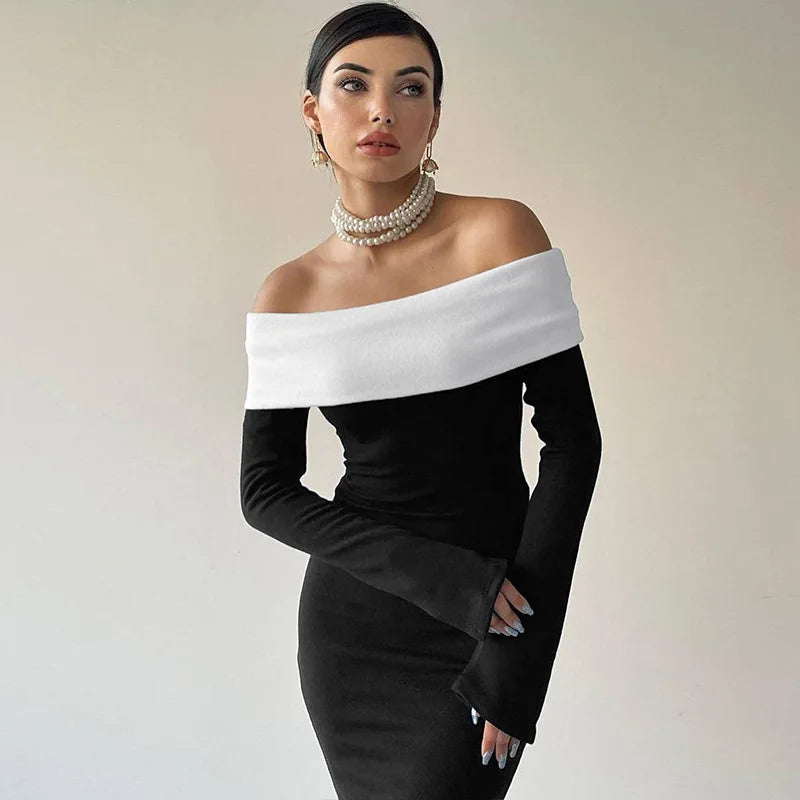 CLO029DJ
Fashion Black White Patchwork Long Dress for Women Off Shoulder Slash Neck Full Sleeve Bodycon Evening Party Dresses High Street - Klixstore