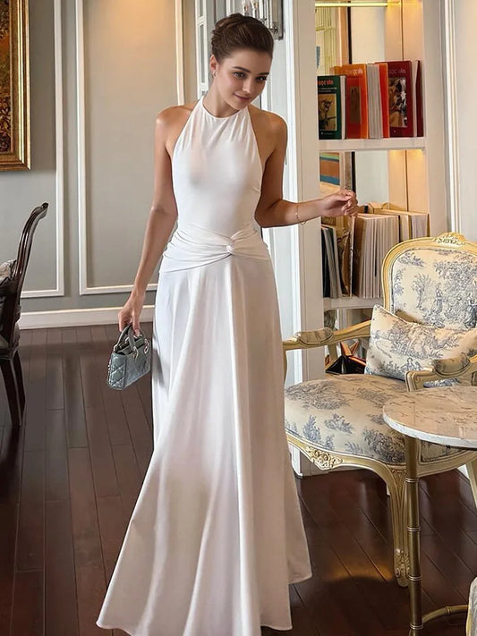 CLO021DJ
Elegant Halter Neck Lace-up Backless Long Maxi White Dress Women's Summer Sleeveless Ruched A-line Evening Party Prom Dresses - Klixstore