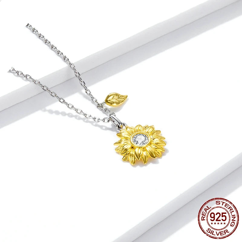 JEW010AX Silver Sunflower Jewelry Set 925 Sterling Silver Gold Color Lucky Necklace Earring Gift for Women - Klixstore