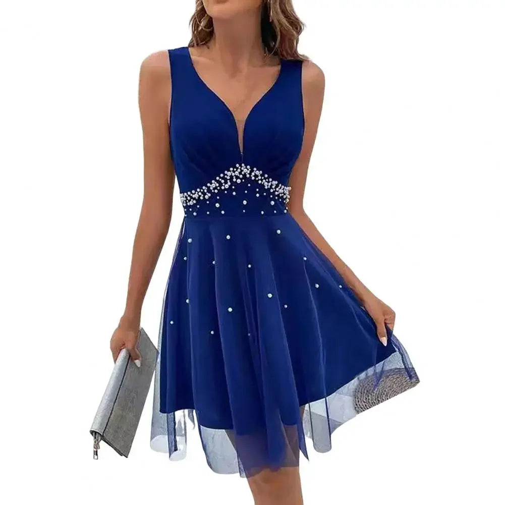 V Neck Pearl A-line Summer Evening Dress