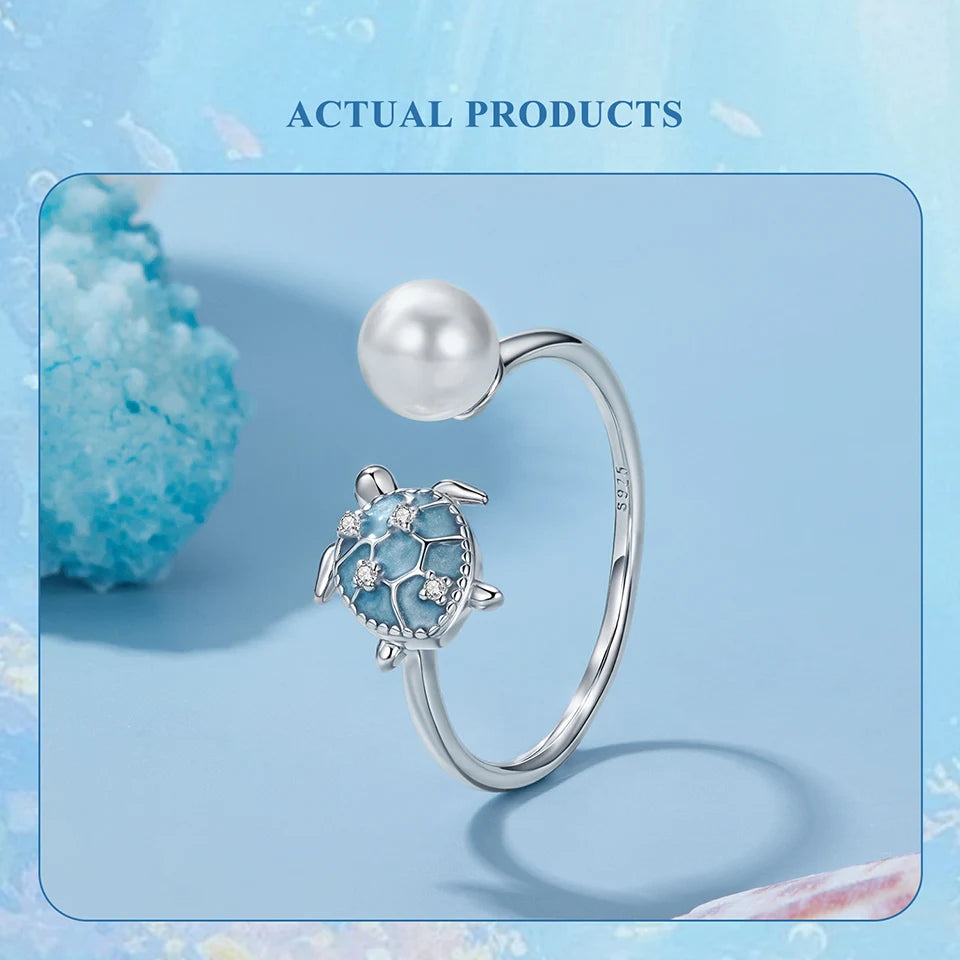 JEW022R Solid 925 Sterling Silver Turtle Pearl Ring Stacking Finger Ring - Klixstore