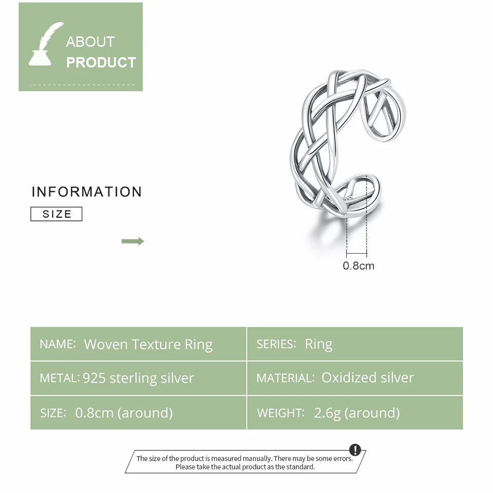 JEW020R Genuine 925 Sterling Silver Woven Texture Ring Open Adjustable Finger Rings - Klixstore