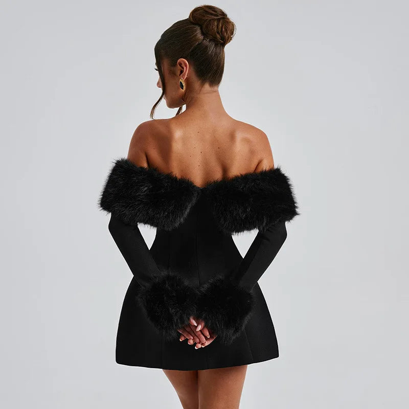 CLO050DJ
Luxury Fur Patchwork A-line Short Dresses for Women Slash Neck Off Shoulder Long Sleeve Party Evening Dress White Black - Klixstore