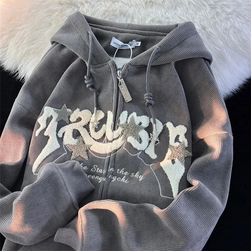 Embroidery Zip Up Hoodie for Women