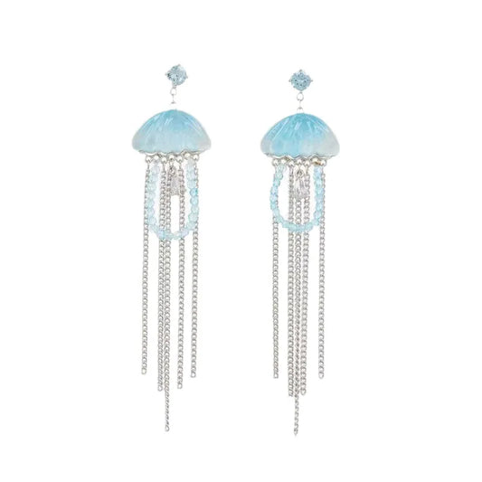 Sea Blue Jellyfish Zircon Tassel Earrings