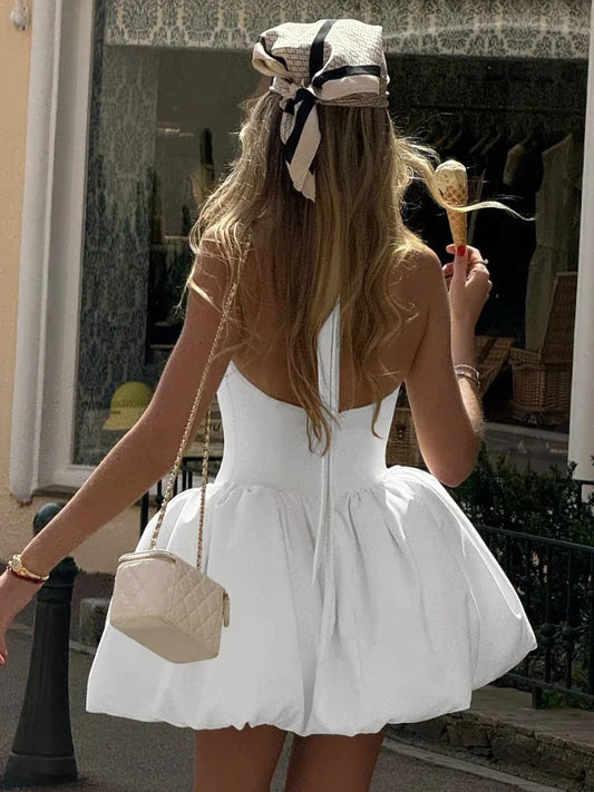 CLO059DJ
Fashion Halter Neck Backless Tunics Short Dresses for Women Sexy Sleeveless High Waist Solid Ball Gown Evening Party Dress - Klixstore