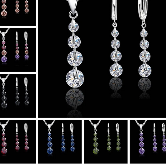 round CZ Crystal Necklace & Hoop Earrings Set in 925 Sterling Silver