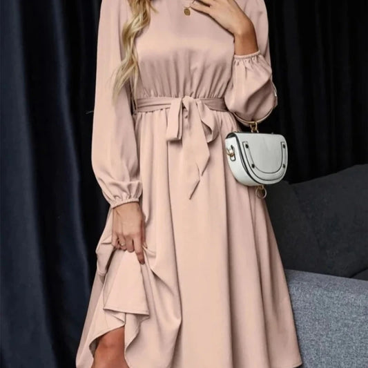 Lantern Sleeve Keyhole Back Lace-Up Dress