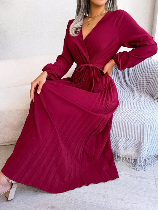Women's Elegant V-Neck Pleated Maxi Dress