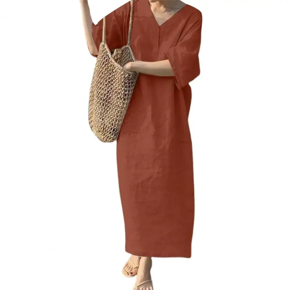 Retro V-Neck Cotton Linen Midi Dress