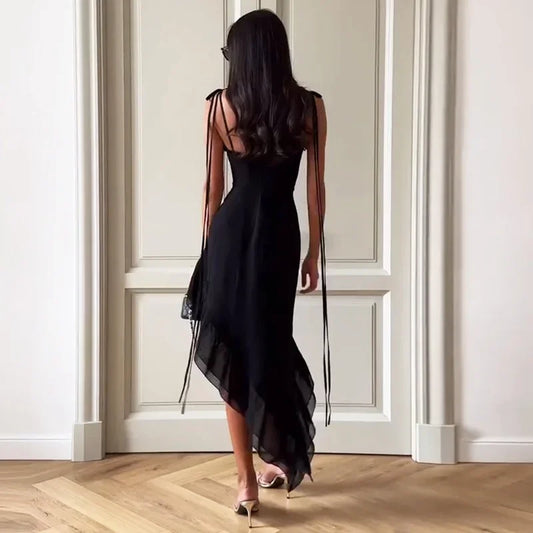 CLO036DJ
Woman Clothes Spaghetti Strap Ruffles Irregular Dress Lady Chic Sleeveless Bandage Mid-calf Holiday - Klixstore