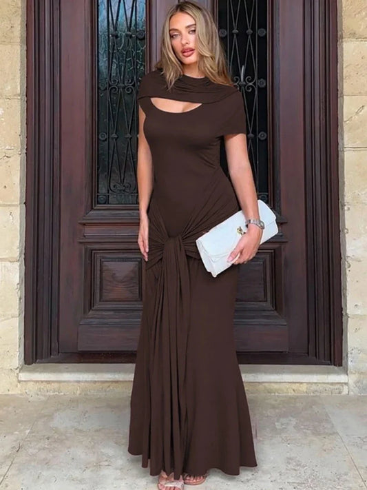 CLO017DJ
Women's Elegant Short Sleeve Bandage Brown Long Dresses Female Clothing Hollow Out Bodycon Evening Party Dress High Street - Klixstore