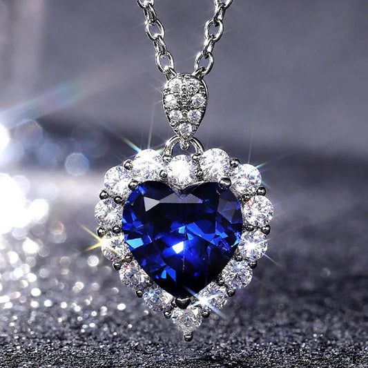 925 Sterling Silver Blue Crystal Heart Necklace for Women