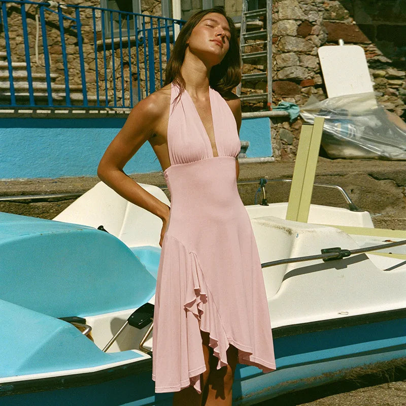 CLO049DJ
Woman Clothing Halter Neck High Waist Ruffles Pink Short Dress Summer Backless Tunics Ruched - Klixstore