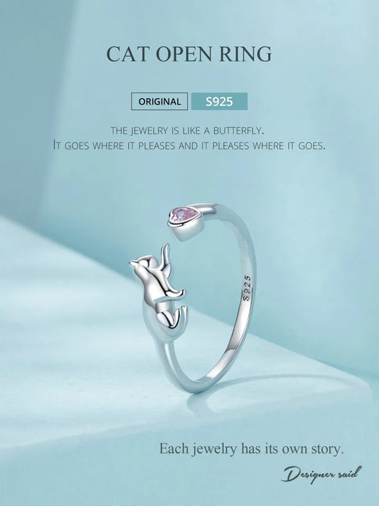 JEW029R 925 Sterling Silver Cute Cat Ring for Women, Lovely Pet Animals Open Ring - Klixstore