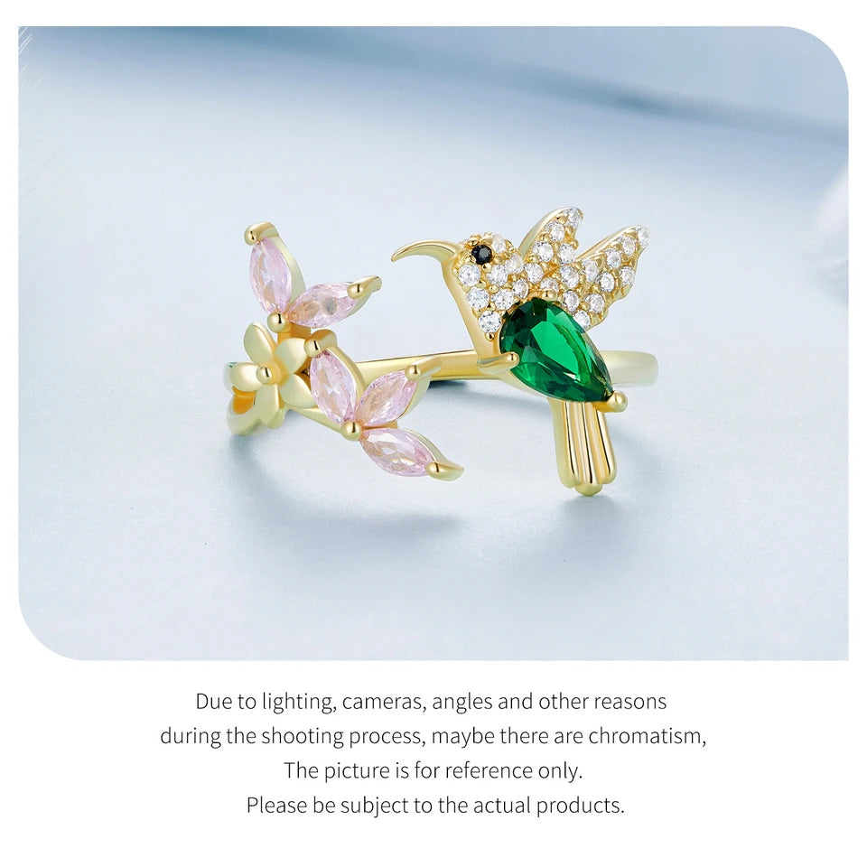 JEW023R 925 Sterling Silver Hummingbird Open Ring Dazzing CZ Adjustable Finger - Klixstore