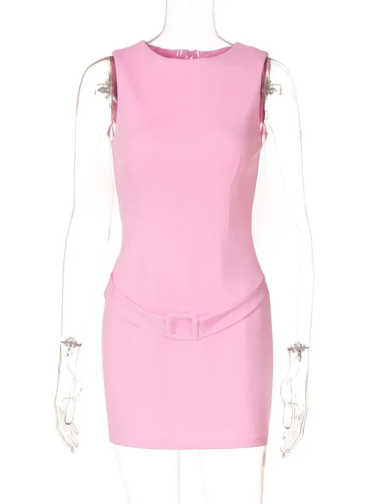 CLO046DJ
Womens Elegant Sleeveless Bodycon Short Party Dress High Street Female Summer O-neck High Waist Solid Tank Dresses - Klixstore