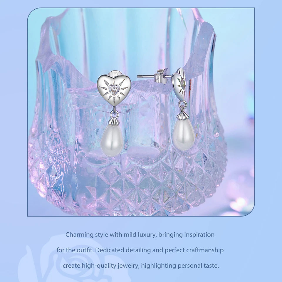JEW015ER New 925 Sterling Silver Heart Pearl Stud Earrings for Women - Klixstore