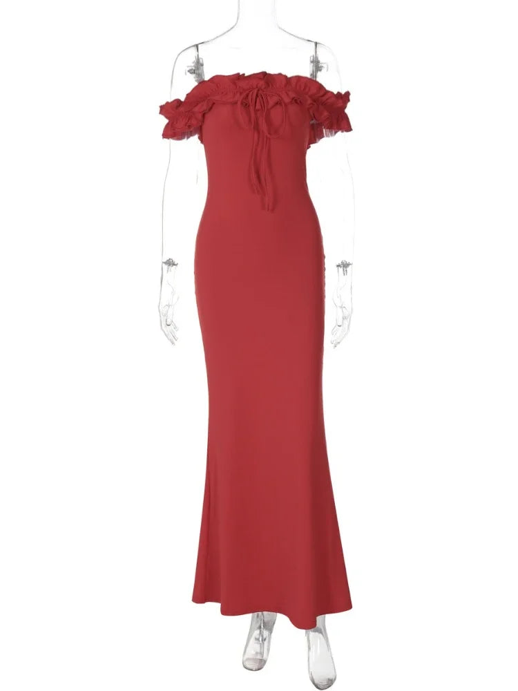 CLO013DJ
Women Slash Neck Sleeveless Long Maxi Formal Dress Shoulder Ruched Backless Lace-up Slim Party Evening Dresses - Klixstore