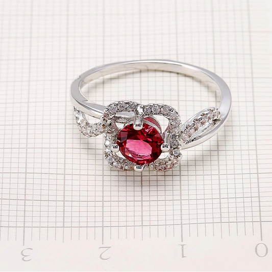 Red Stone CZ Crystal 925 Sterling Silver Ring for Women