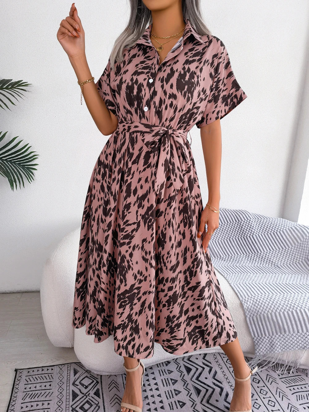 Leopard Print Batwing Shirt Dress | Button Slim Waist Mid-Calf | Summer