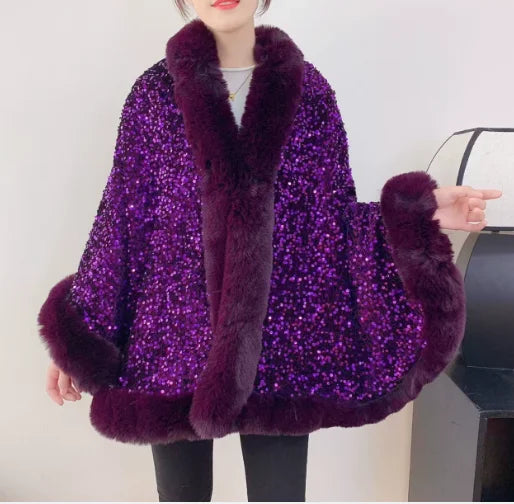 Women's Short Winter Jacket with Fur Collar and Sequin Shawl 2025
