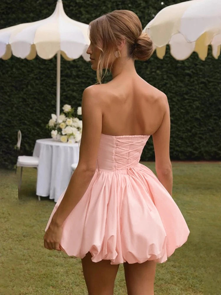 CLO053DJ
Elegant Tunics A-line Wrap Dresses Women Strapless Off Shoulder High Waist Lace-up Pink Ball Gown Short Evening Party Prom Dress - Klixstore