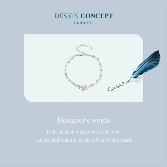 925 Silver Double Layer Pink Heart Bracelet