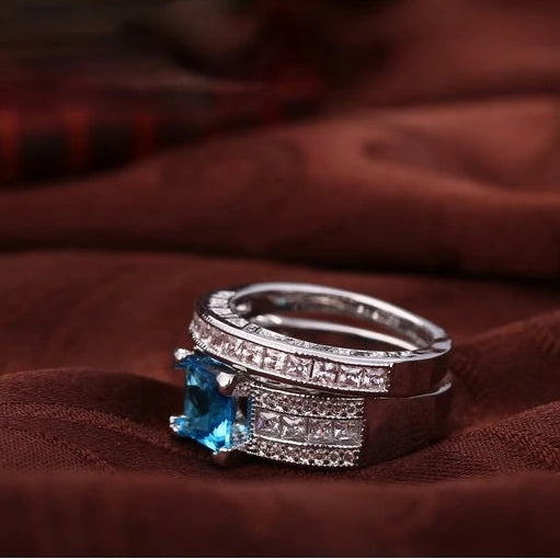 Elegant Blue CZ Crystal 925 Sterling Silver Ring Set for Women
