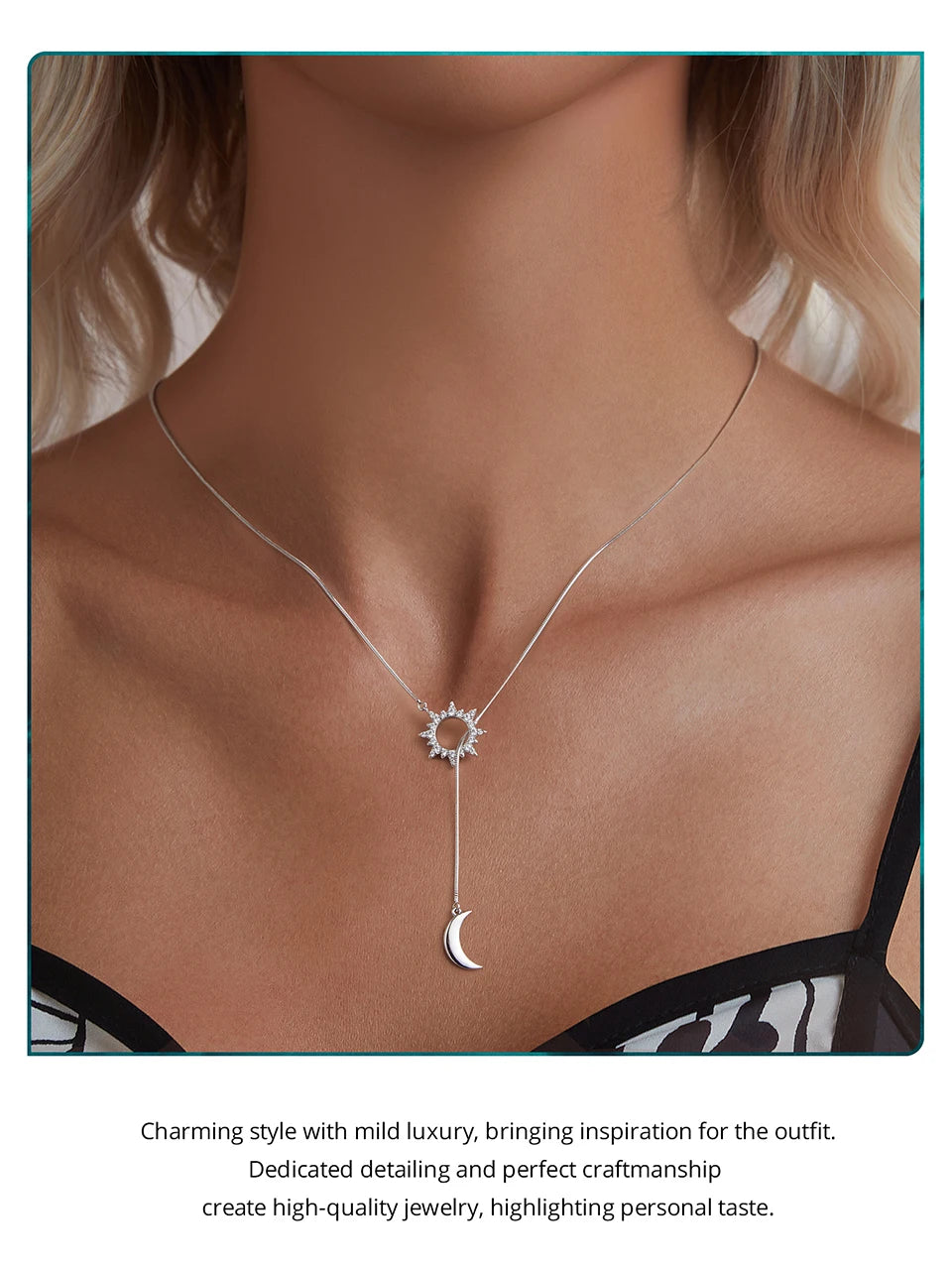 JEW011NEC White Gold Plated Sun & Moon Y-shaped Necklace, High Quality 925 Sterling Silver - Klixstore