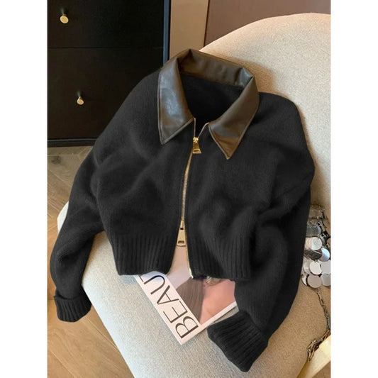 Polo Collar PU Spliced Knit Cardigan for Women