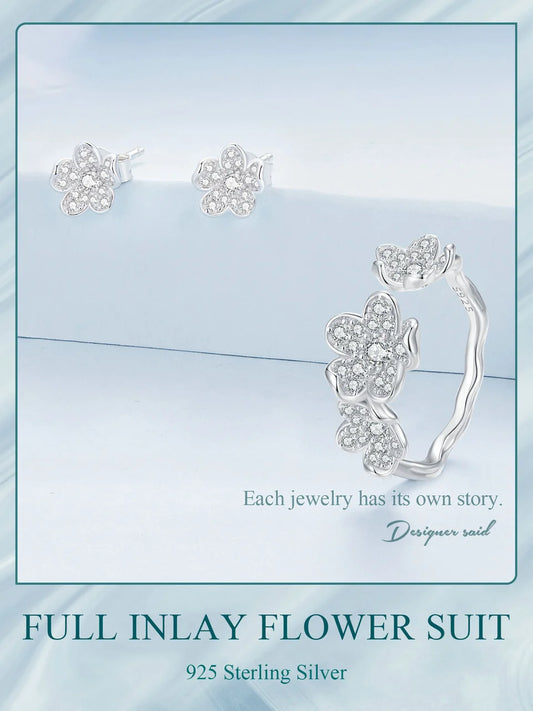 JEW008AX 925 Sterling Silver Exquisite Flower Series Flower to Flower Ring & Earrings Jewelry for Women - Klixstore