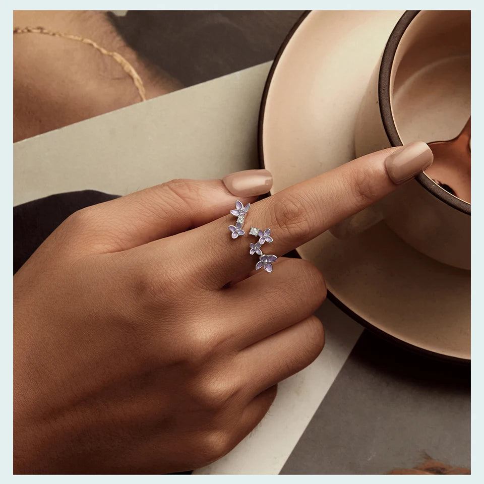 JEW013R 925 Sterling Silver Lilac Flower Adjustable Ring, White Gold Plated - Klixstore