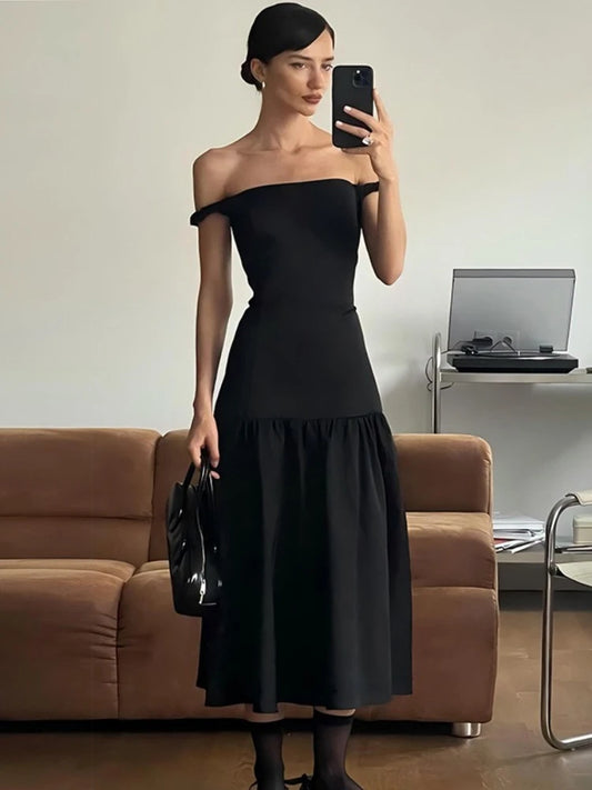 CLO015DJ
Woman Clothing Slash Neck Ruched A-line Evening Dress Female Elegant Sleeveless Solid Black Party Dresses Streetwear - Klixstore