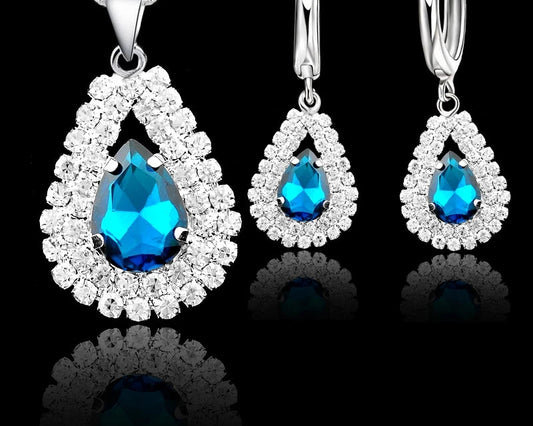 925 Silver Crystal Water Drop Jewelry Set
