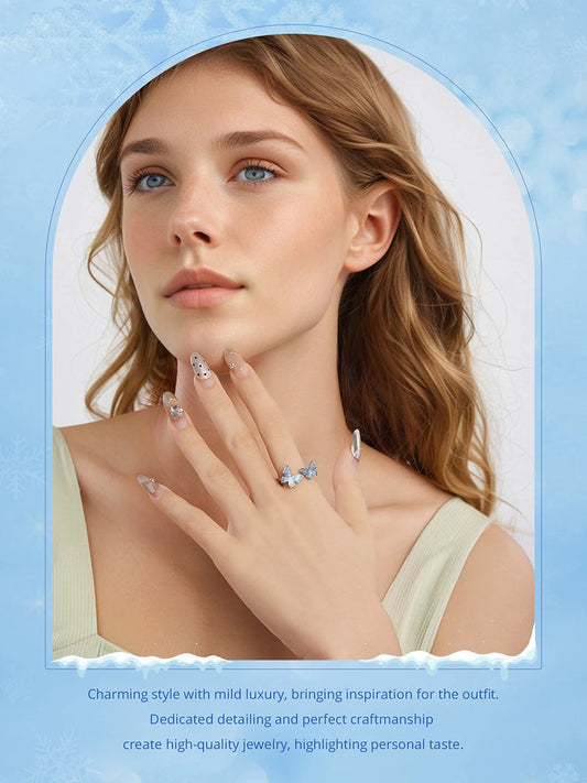 JEW011R 925 Sterling Silver Blue Butterfly Adjustable Ring, White Gold Plated - Klixstore
