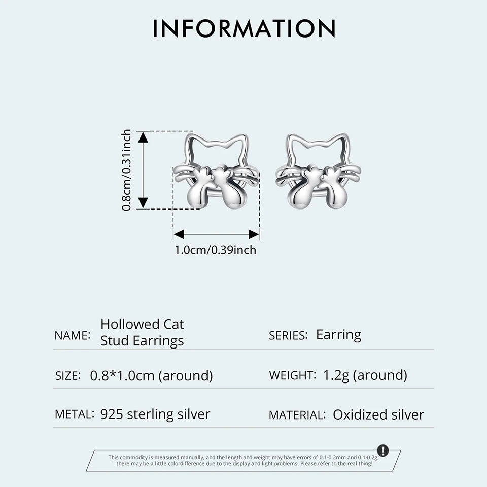 JEW006ER 925 Sterling Silver Hollowed Cat Stud Earrings, Cute Animal Earrings - Klixstore