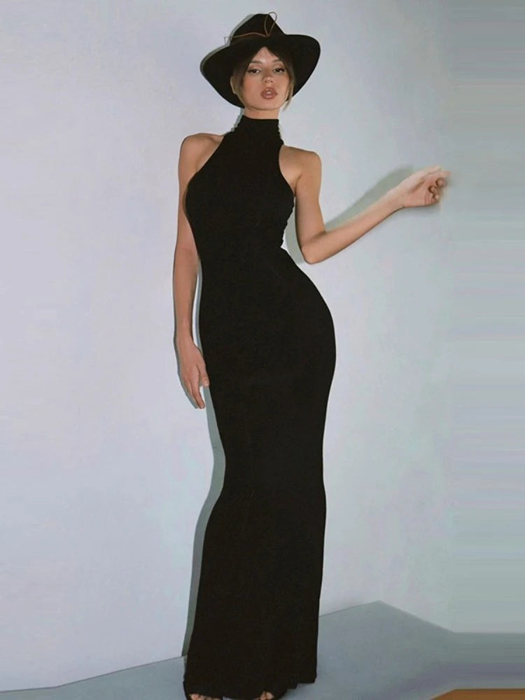 CLO034DJ
Woman Clothes Sleeveless Solid Black Long Maxi Dress High Street 2025 Office Lady Half High Collar Bodycon Party Club Dresses - Klixstore