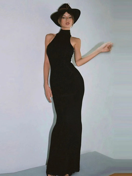 CLO034DJ
Woman Clothes Sleeveless Solid Black Long Maxi Dress High Street 2025 Office Lady Half High Collar Bodycon Party Club Dresses - Klixstore