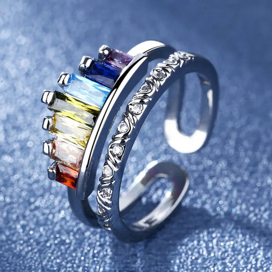 925 Sterling Silver Rainbow Zircon Adjustable Ring for Women