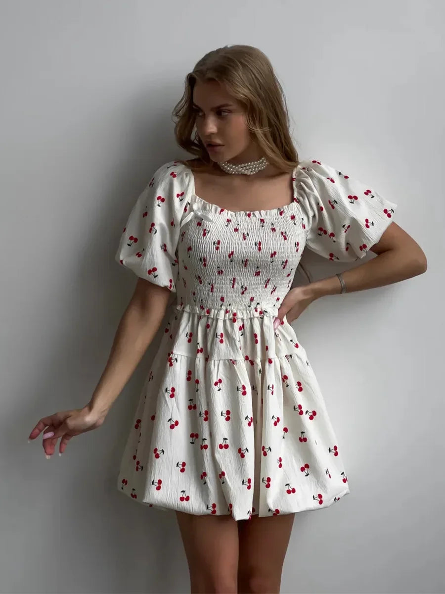 CLO054DJ
Fashion Sweet Cherry Printed A-line Short Dresses Women's Strapless Off Shoulder Backless Tunics White Holiday Dress - Klixstore