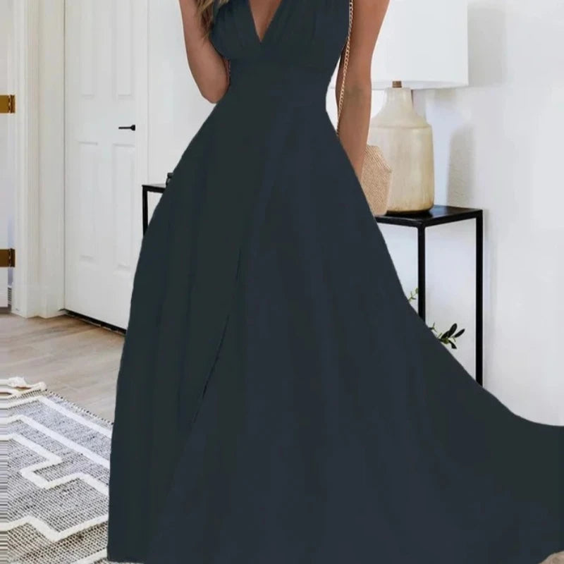 Solid Color V-Neck Sleeveless Long Sundress