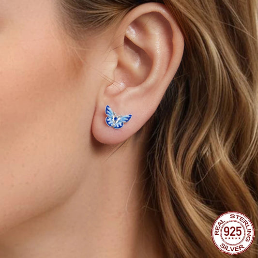 JEW002ER 925 Sterling Silver Cute Blue Enamel Butterfly Stud Earrings - Klixstore