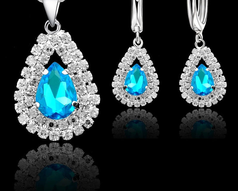 925 Silver Crystal Water Drop Jewelry Set