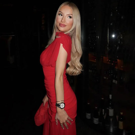 DJ Red Pleated A-Line Maxi Evening Dress