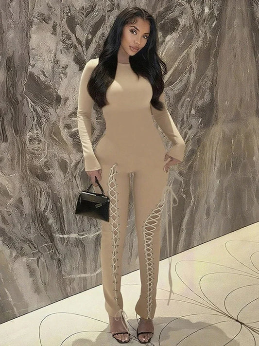 Hollow Out Bandage Long Sleeve Jumpsuit