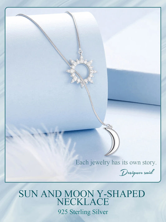 JEW011NEC White Gold Plated Sun & Moon Y-shaped Necklace, High Quality 925 Sterling Silver - Klixstore